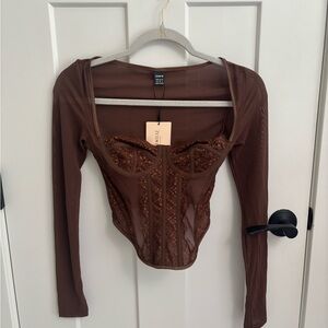 Brown Long Sleeve Corset-style Top (SheinBae)